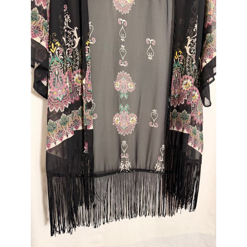 Olive Tree Fringe Kimono Cardigan Large Sheer Boho Paisley Duster - Picture 3 of 7